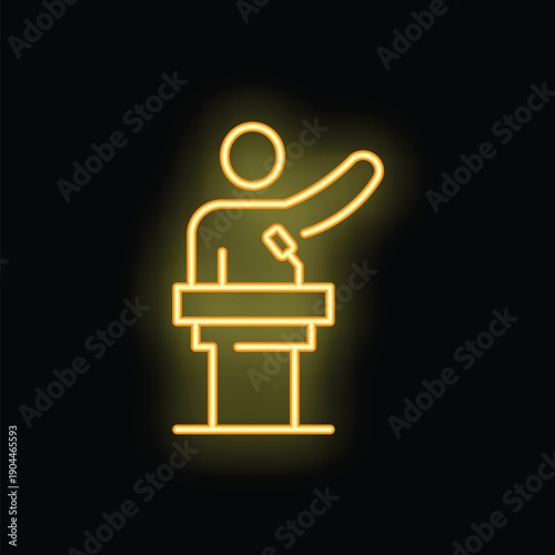 Yellow neon style icon of a speaker behind a podium, giving a speech with microphone in hand