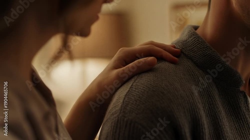 A tender moment between two people, one placing a comforting hand on the other's shoulder