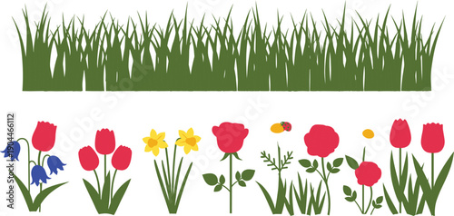 Spring flowers, grass, tulips, daffodils, roses, bluebells, ladybug, bee, colorful plants, floral vector, garden nature illustration, cad drawing flat vector illustration