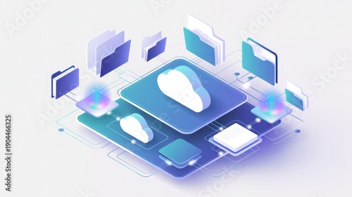 Isometric illustration depicting a complex cloud computing architecture with connected data folders, storage devices, and abstract network elements on a clean white background, symbolizing modern.