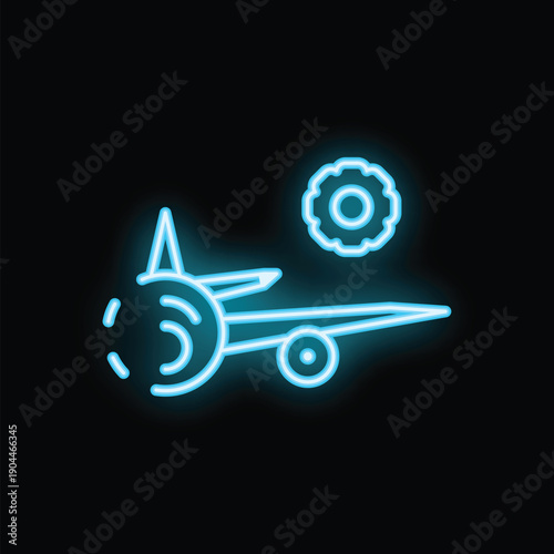 Glowing blue neon icon of an airplane being repaired, symbolizing aircraft maintenance and engineering