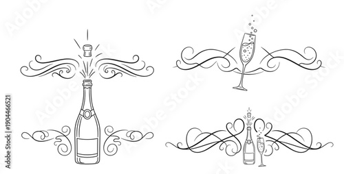 Elegant champagne bottle and flute with decorative swirls for celebrations and special occasions, Decorative text dividers