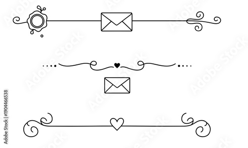 Stylish envelope and heart dividers with elegant swirls for romantic and stationery designs