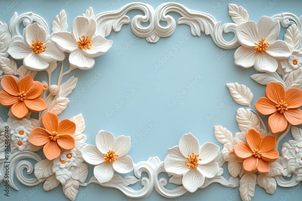 Obraz premium Sculpted floral border features soft orange and white blossoms against a pale blue background