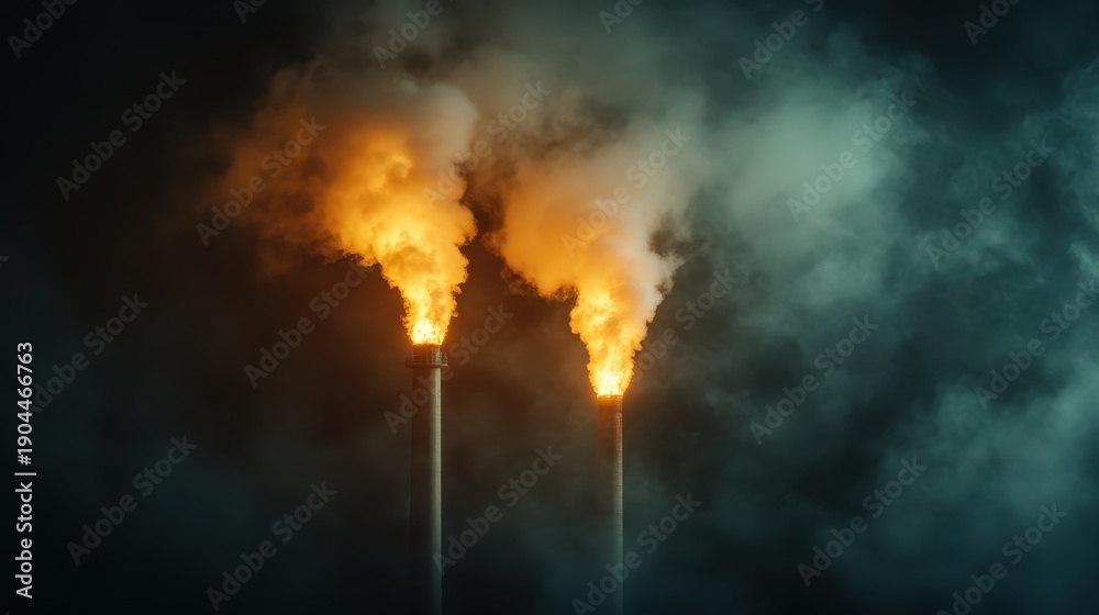 Fototapeta premium Two tall smokestacks emit bright flames and dark smoke against a moody background, symbolizing industrial activity, environmental issues, and energy production.