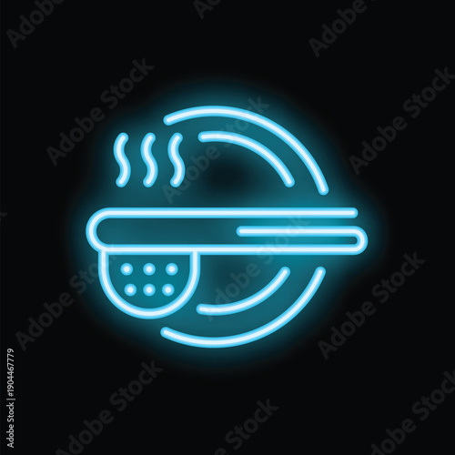 Blue neon sign of a skimmer spoon holding hot food over a plate, isolated over a black background