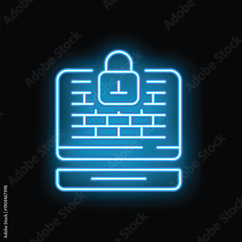 Neon blue icon of a computer with locked keyboard representing cyber security and data protection