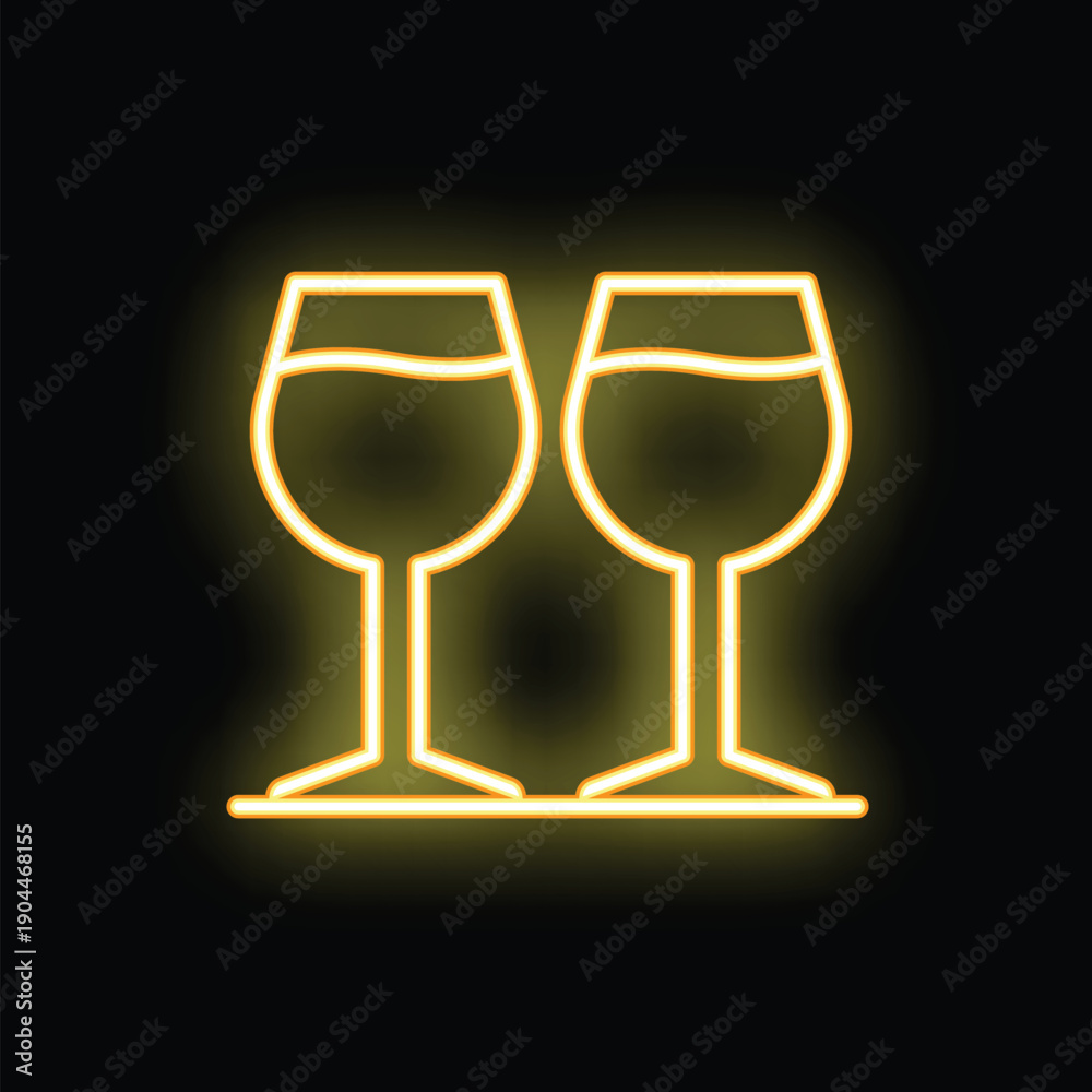 Fototapeta premium Neon sign of two wine glasses glowing yellow on black background
