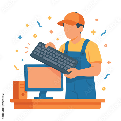 Technician Holding Keyboard Near Desktop Computer Flat Vector