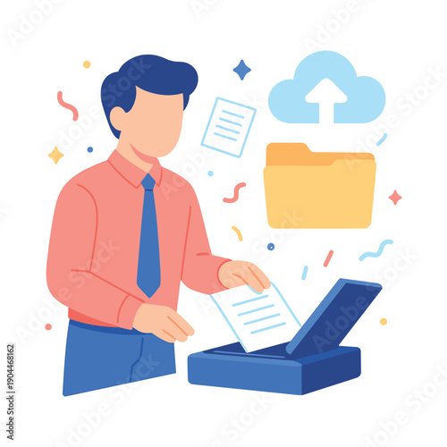 Person scanning document with scanner flat vector illustration