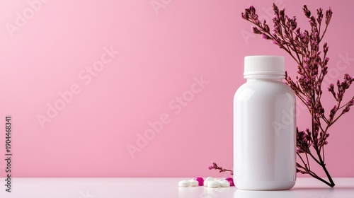 A clean white bottle filled with pills sits elegantly beside delicate flowers against a soft pink backdrop, symbolizing wellness and tranquility in a modern aesthetic.