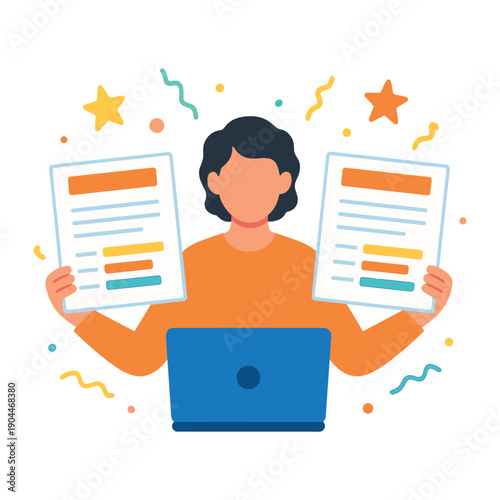 Person holding documents with laptop flat vector illustration