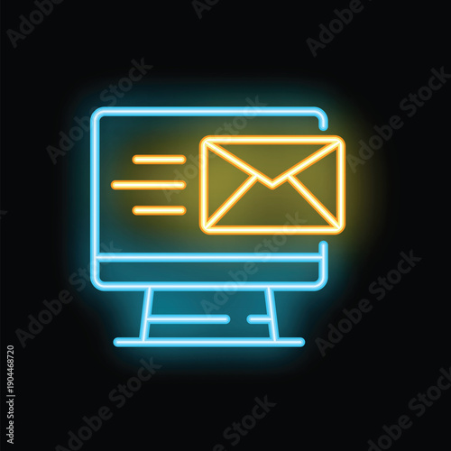 Neon sign illustrating a computer with an email notification on the screen, glowing on a dark background