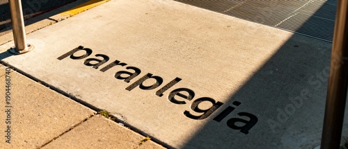 Conceptual image of the word paraplegia as a shadow on a concrete sidewalk.