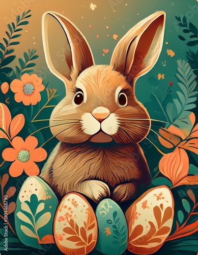Cute Easter bunny with colorful eggs on spring grass at sunset, glowing warm light, soft background with flowers and dandelions, fantasy holiday scene