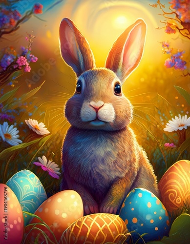 Cute Easter bunny with colorful eggs on spring grass at sunset, glowing warm light, soft background with flowers and dandelions, fantasy holiday scene