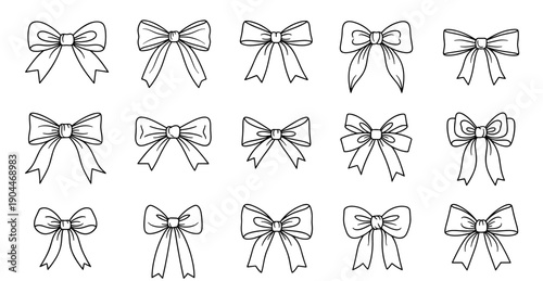 Collection of hand-drawn ribbon bow designs in whimsical line art style  