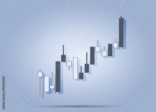 The illustration displays a candlestick chart showing upward trends in a financial market. It represents activities like trading, buying, and selling stocks. The graphic design uses simple shapes