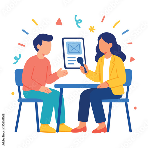 Person interviewing another person with microphone flat vector