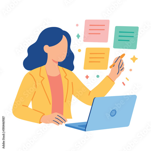 Woman working with laptop and sticky notes flat illustration