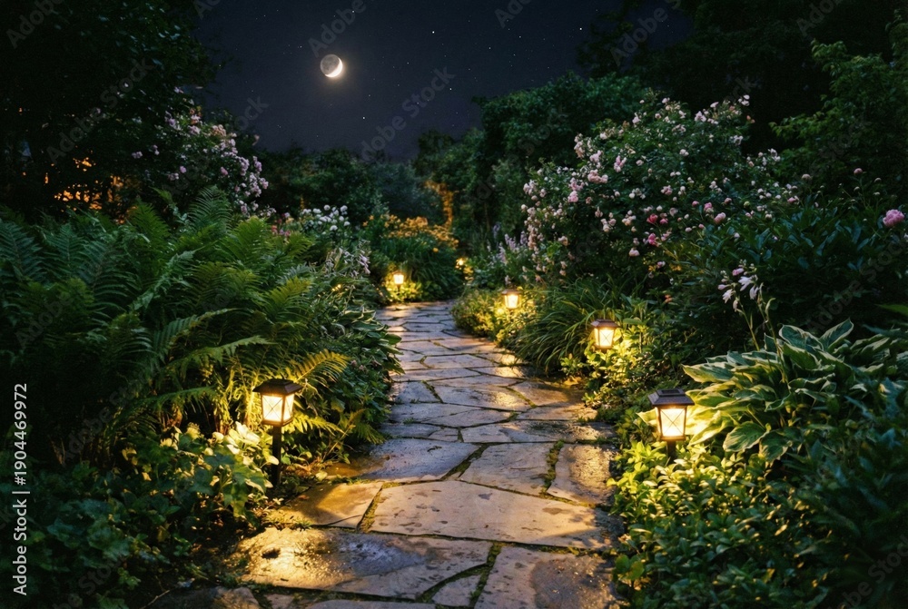 Fototapeta premium Magical night garden scene featuring solar led lights along winding stone path in nature