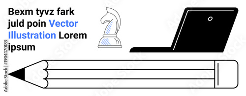 Education, creativity, strategic thinking, writing, design, technology. Pencil, chess knight piece laptop and placeholder Latin text on a white background. Education and creativity concept