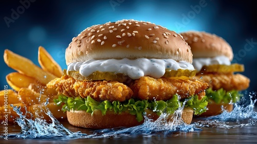 Crispy Fried Chicken Burgers with Creamy Sauce and Potato Wedges