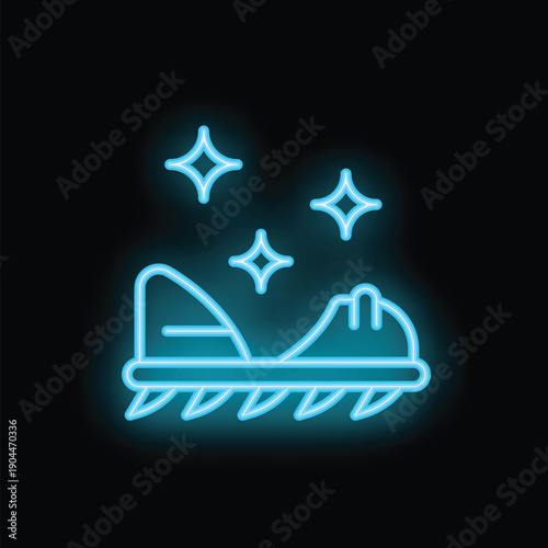 Blue neon sign depicting a futuristic vehicle flying through the stars