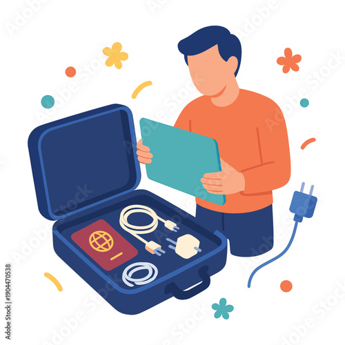 Man packing electronic devices and passport in suitcase flat vector illustration
