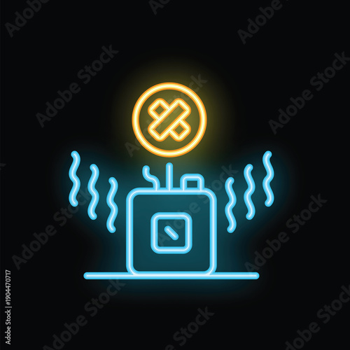 Neon sign depicting a broken smart speaker with sound waves emitting from it, set on black background