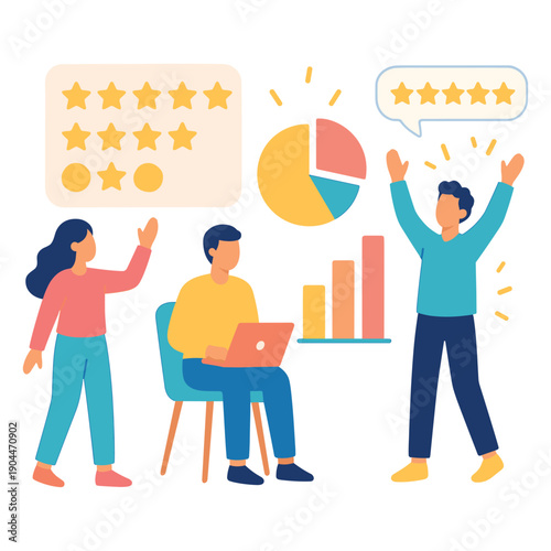 People analyzing ratings and graphs in flat illustration