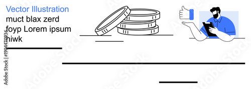 Financial management, digital payments, economic planning, online transactions, savings management, currency exchange. Stacked coins with a person holding a tablet. Financial management and digital