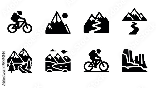 Outdoor adventure icons: cycling and mountain silhouettes