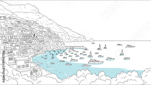 Coastal town landscape with boats and buildings in lined art style