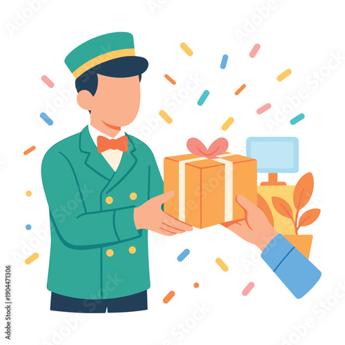 Hotel bellhop handing over wrapped gift box