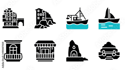 Coastal icons: black and aqua silhouettes of boats and buildings