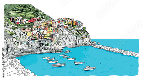 Colorful coastal village landscape with boats and cliffs by the sea