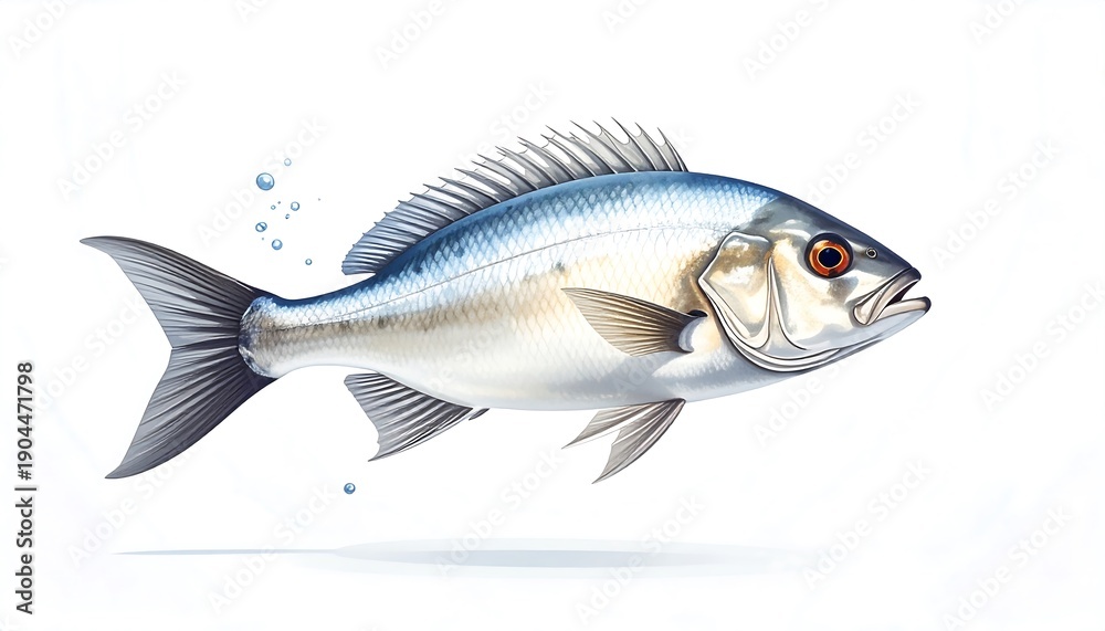 Obraz premium Digitally rendered fish, swimming with bubbles, isolated on white background