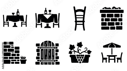 Silhouette icons of dining, winery, and outdoor furniture in black and white theme
