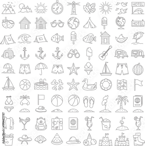 Collection of travel and vacation icons set in line art style for summer holiday planning