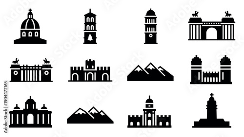 Icon set of famous landmarks and buildings in silhouette style