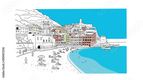 Coastal town beach scene in linear style with vibrant colors