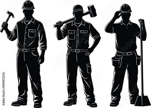 Black silhouette set of three male construction workers wearing hard hats and holding a hammer a heavy sledgehammer and a shovel for industrial work.
