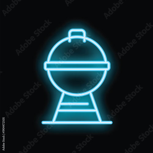 Bright blue neon sign depicting a barbecue grill, set against a black background