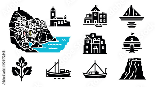 Stylized coastal town and nautical elements in modern minimalist style