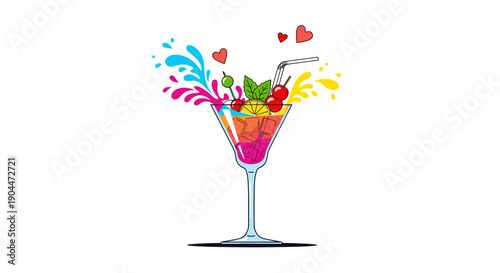 Tropical cocktail glass with vibrant liquid splashes fruit garnish and small hearts representing a fun party drink.