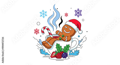 Cheerful gingerbread man taking a bath in a cup of hot chocolate with candy cane holly leaves and berries for christmas.