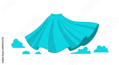 Flowing turquoise skirt blowing in the wind surrounded by stylized blue clouds for a concept of light and airy fashion.