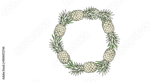 Unique tropical wreath composed of several whole pineapples with spiky green leaves arranged in a circular design.