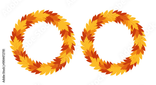 Pair of identical circular wreaths made of overlapping autumn leaves in vibrant shades of red, orange, and yellow on white.